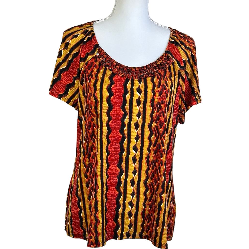 East 5th Blouse Women XL  Red Yellow Geometric Print Short Sleeve Stretch Top